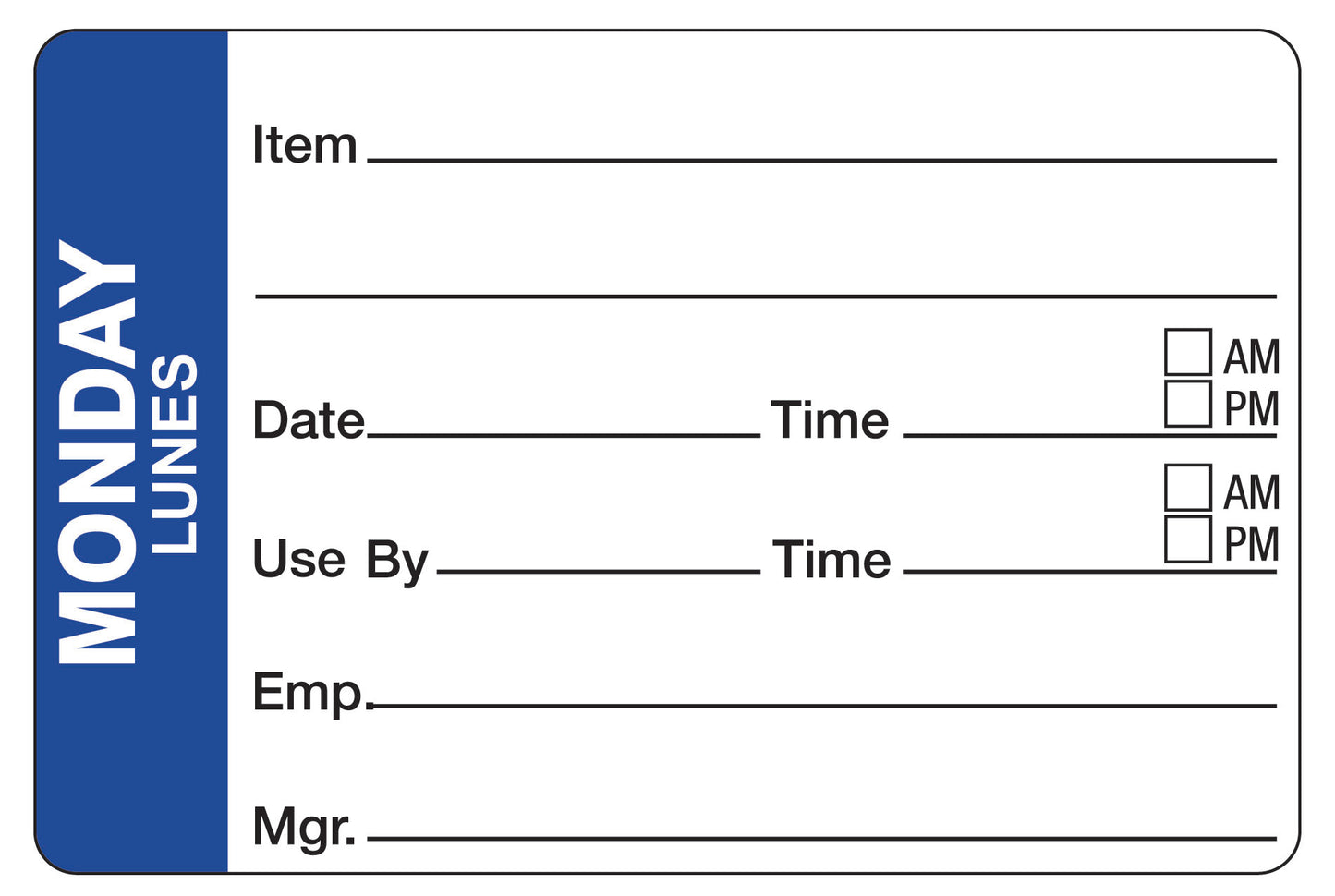 Monday - Lunes 2" x 3" Dissolvable Day of the Week Shelf Life Date Label
