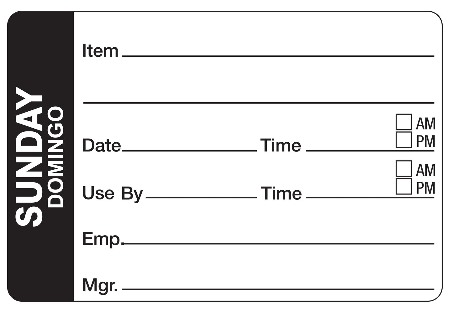 Sunday - Domingo 2" x 3" Dissolvable Day of the Week Shelf Life Date Label