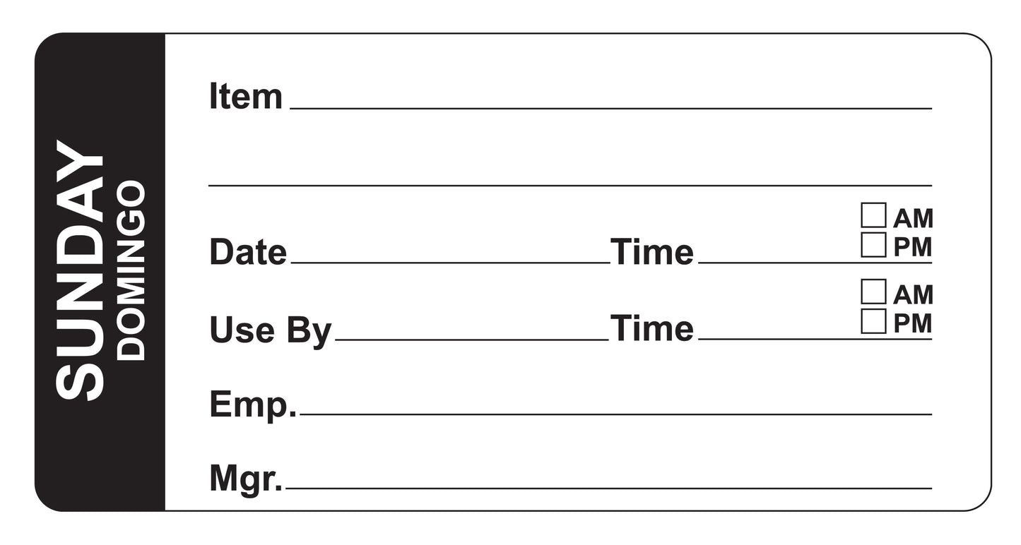 Sunday - Domingo 4" x 2" Removable Day of the Week Prep Date Labels®