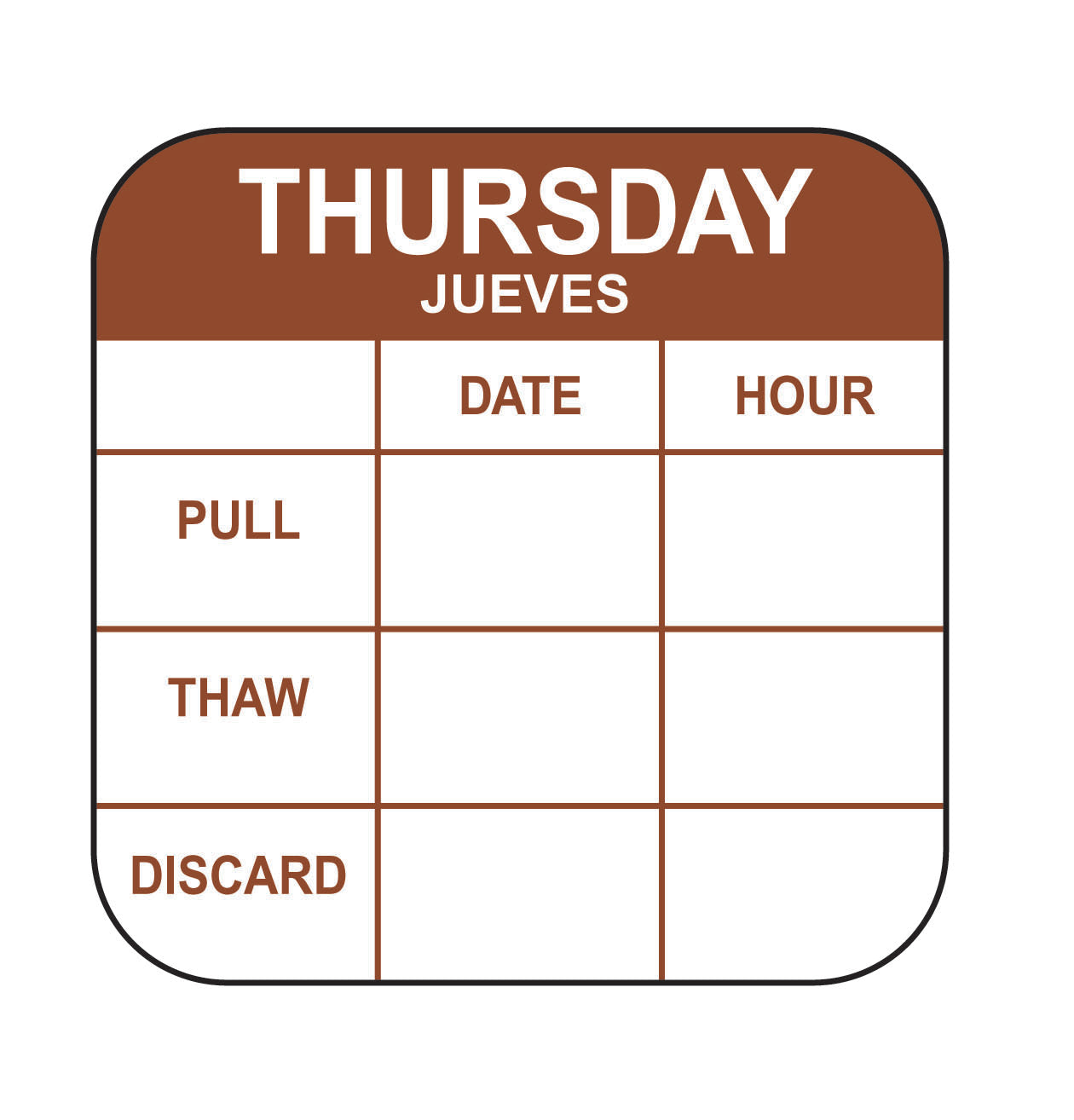 1" x 1" Thursday-Jueves Removable Pull-Thaw Date Label®