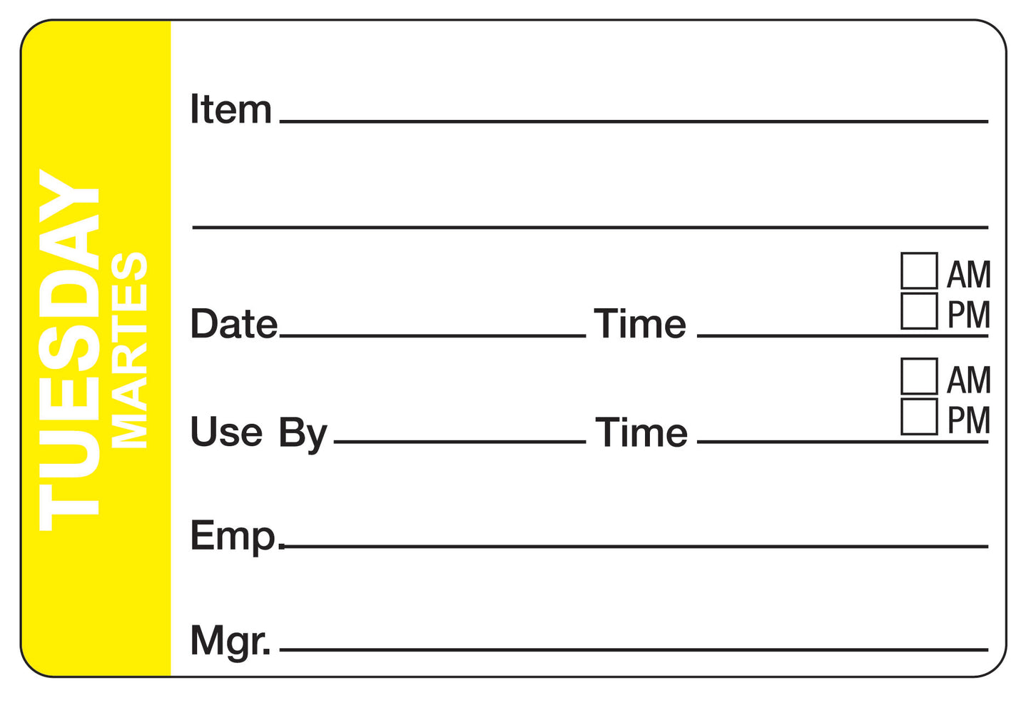 Tuesday - Martes 2" x 3" Dissolvable Day of the Week Shelf Life Date Label