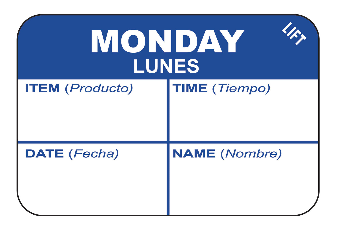 Monday - Lunes 1" x 1.5" Durable "Quad" Day of the Week Date Label