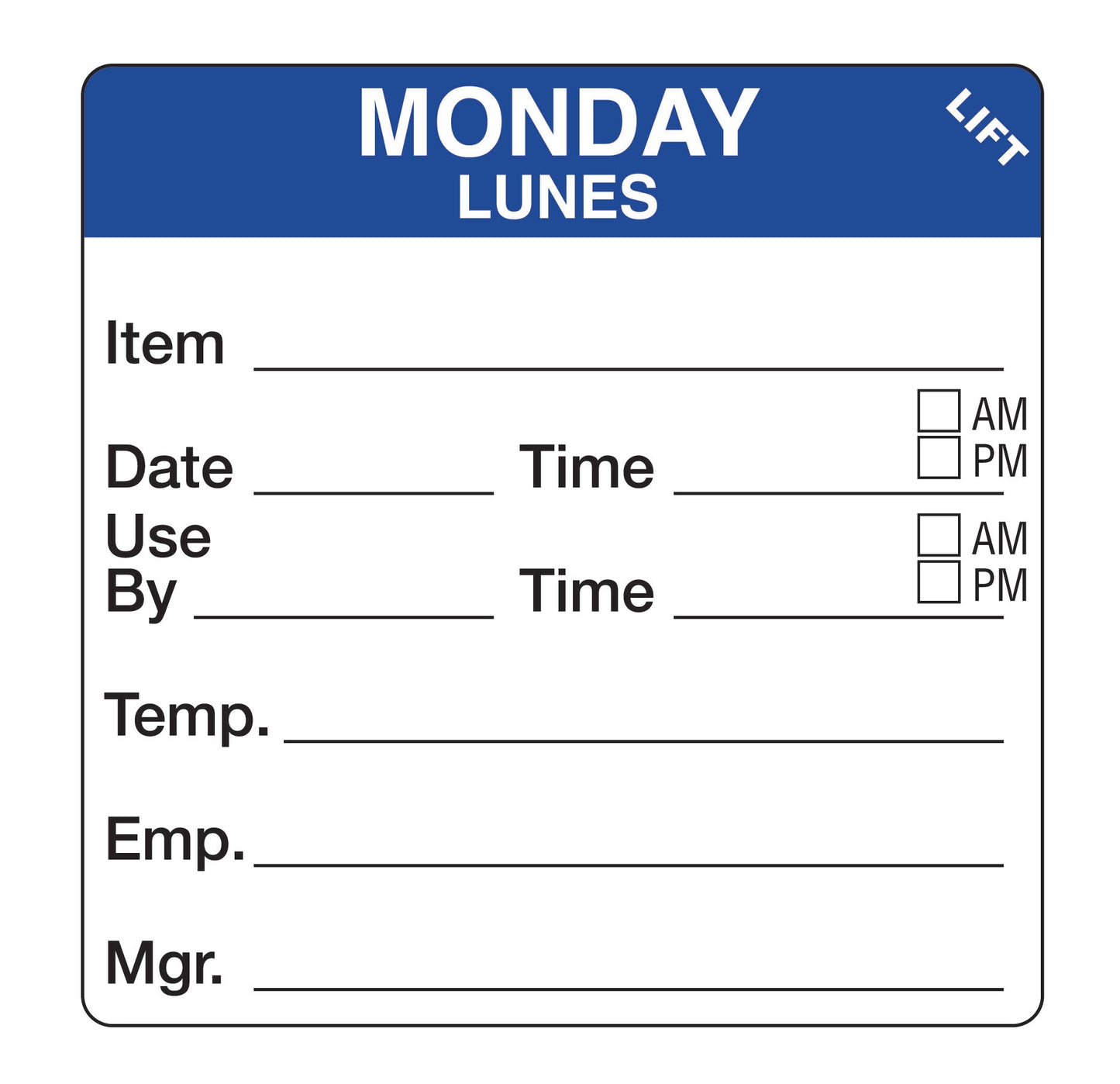 Monday - Lunes 2" x 2" Durable Day of the Week Shelf Life Date Label