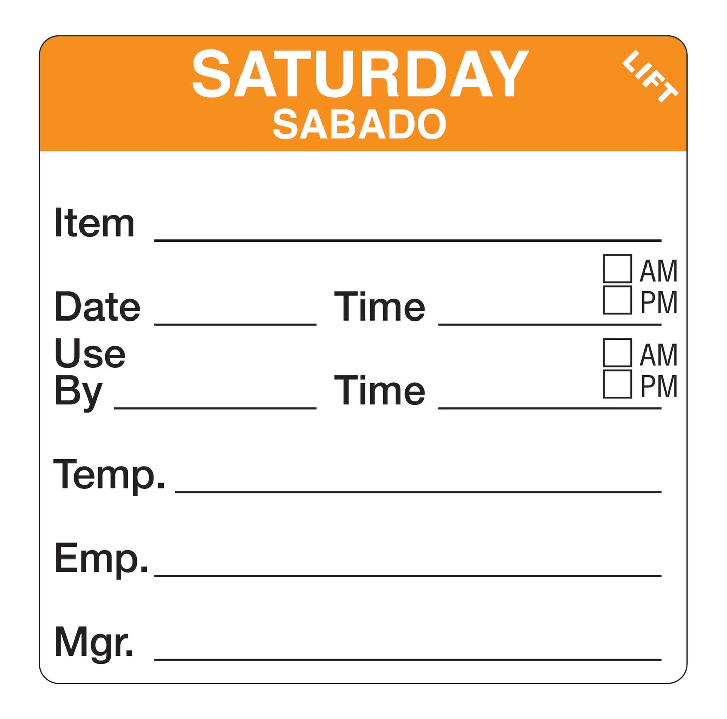 Saturday - Sabado 2" x 2" Durable Day of the Week Shelf Life Date Label