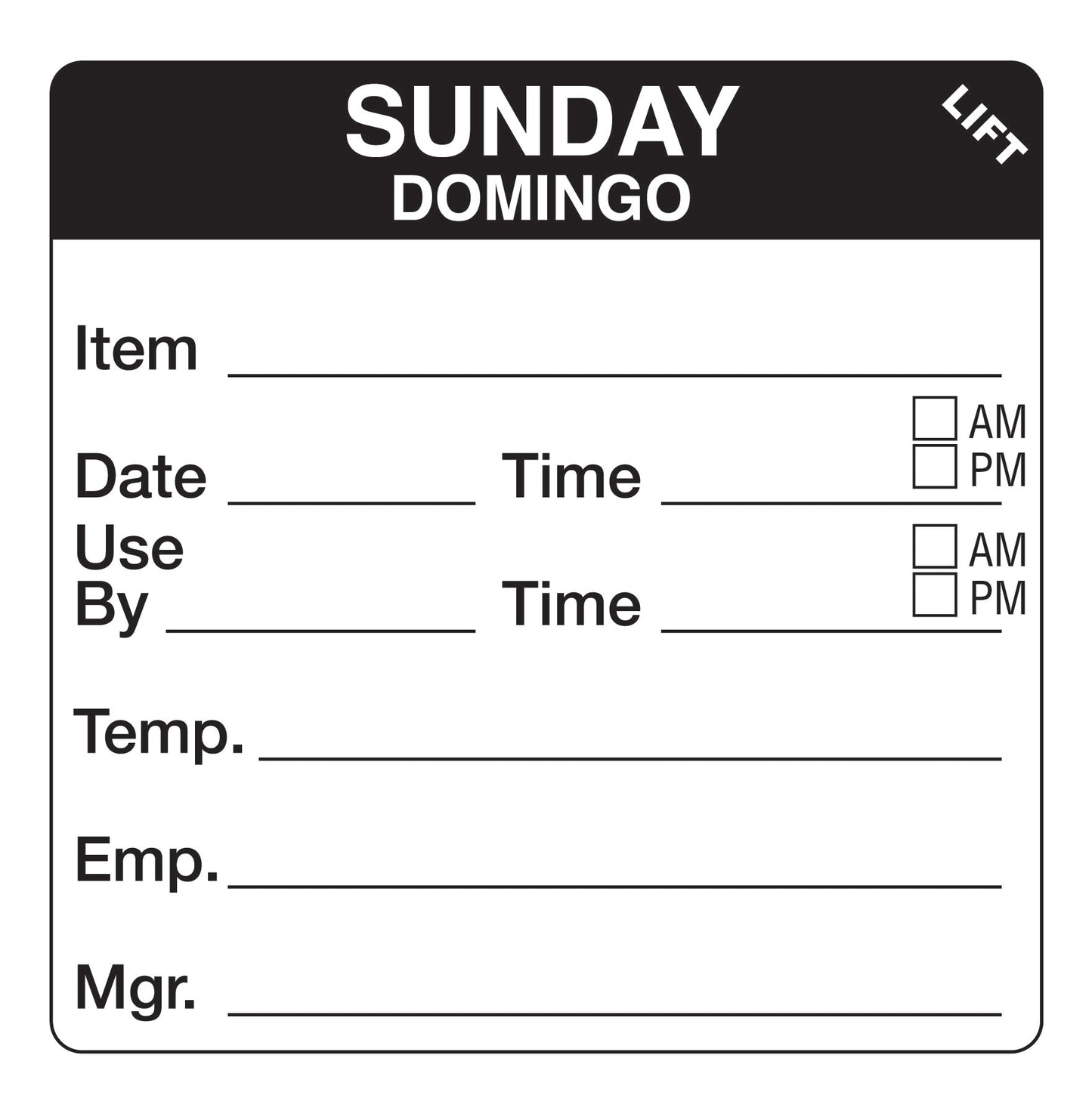 Sunday - Domingo 2" x 2" Durable Day of the Week Shelf Life Date Label