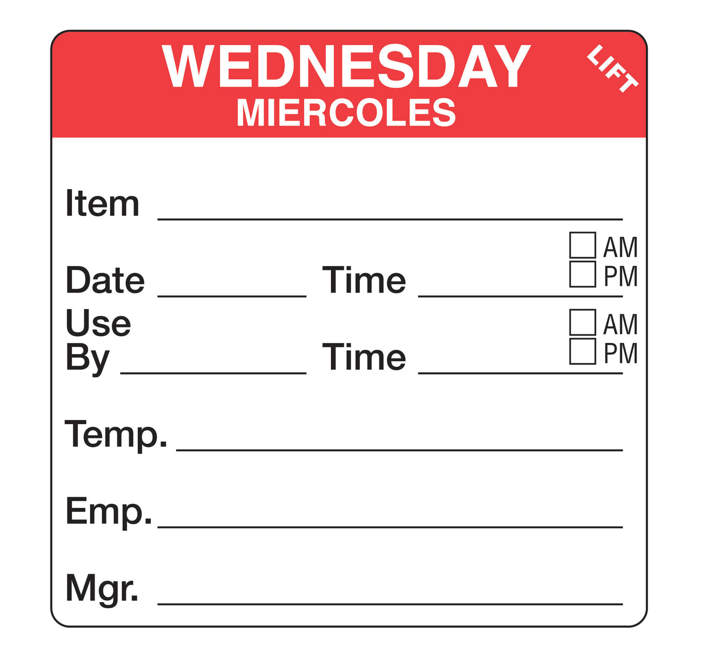 Wednesday - Miercoles 2" x 2" Durable Day of the Week Shelf Life Date Label