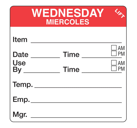 Wednesday - Miercoles 2" x 2" Durable Day of the Week Shelf Life Date Label