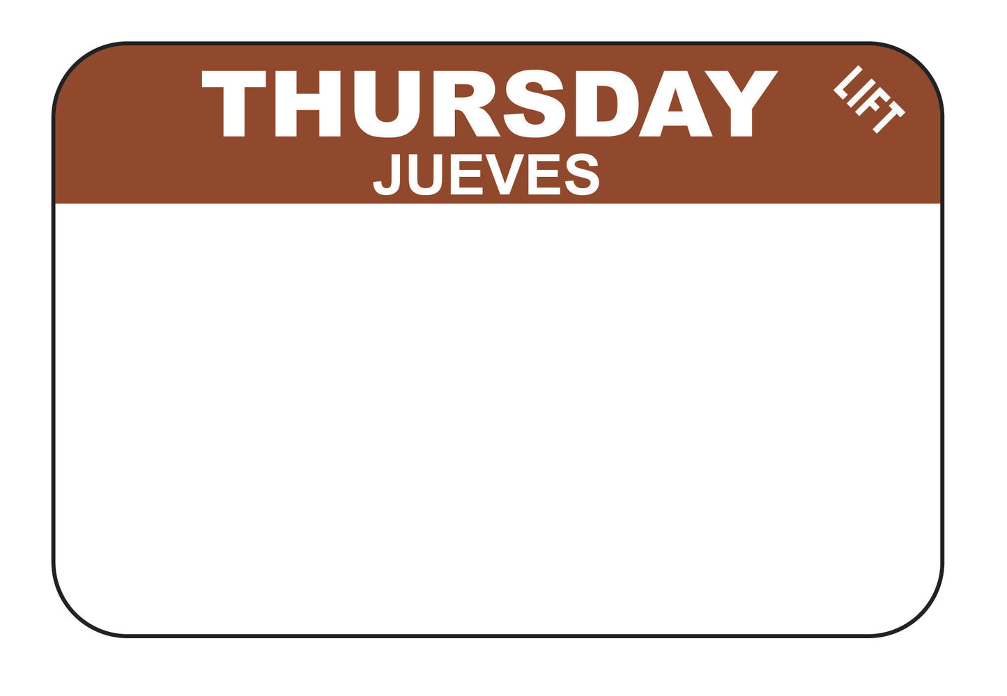 Thursday - Jueves 1" x 1.5" Durable Day of the Week Date Label