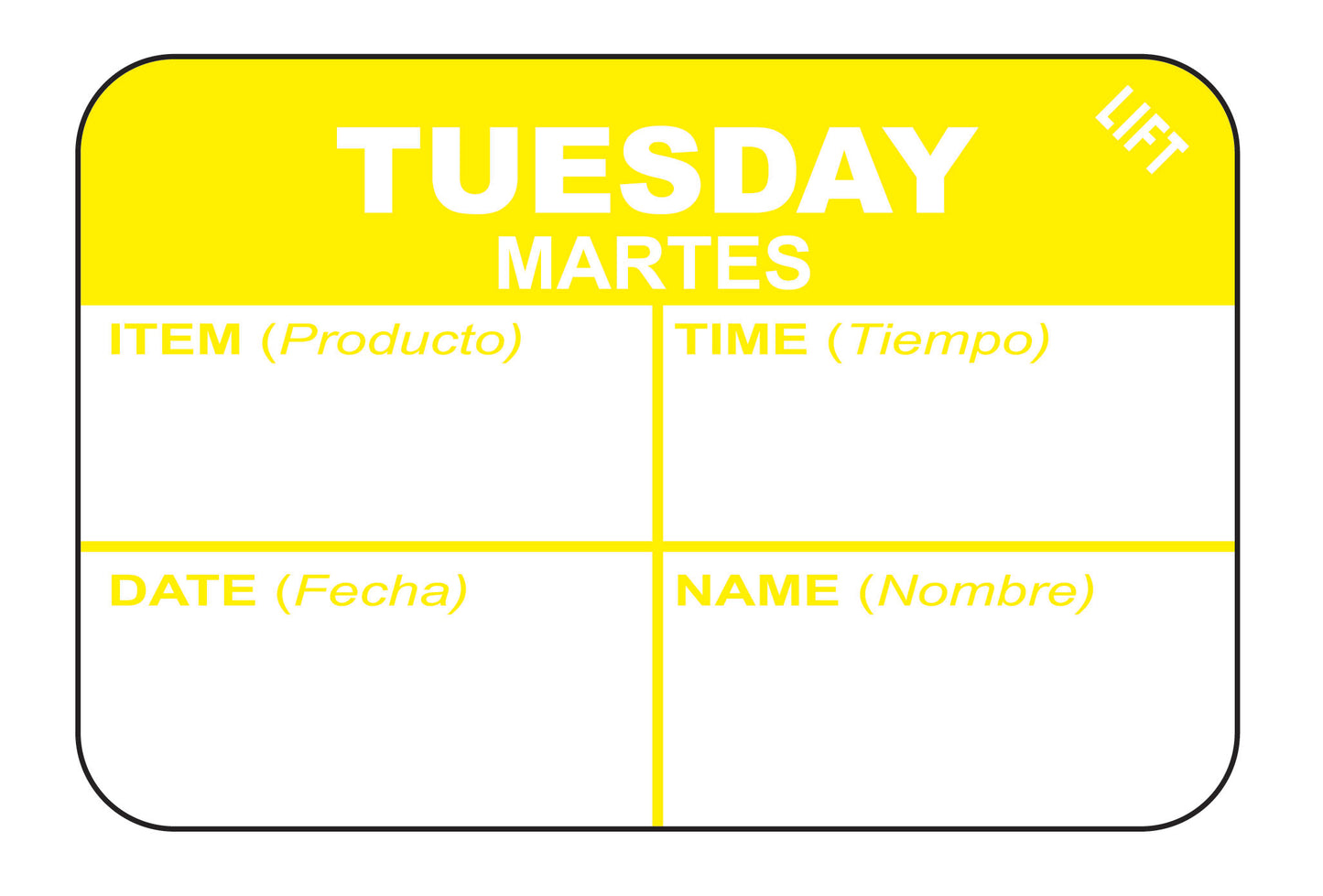 Tuesday - Martes 1" x 1.5" Durable "Quad" Day of the Week Date Label