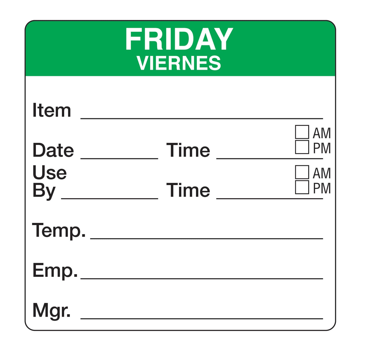 Friday - Viernes 2" x 2" Dissolvable Day of the Week Shelf Life Date Label