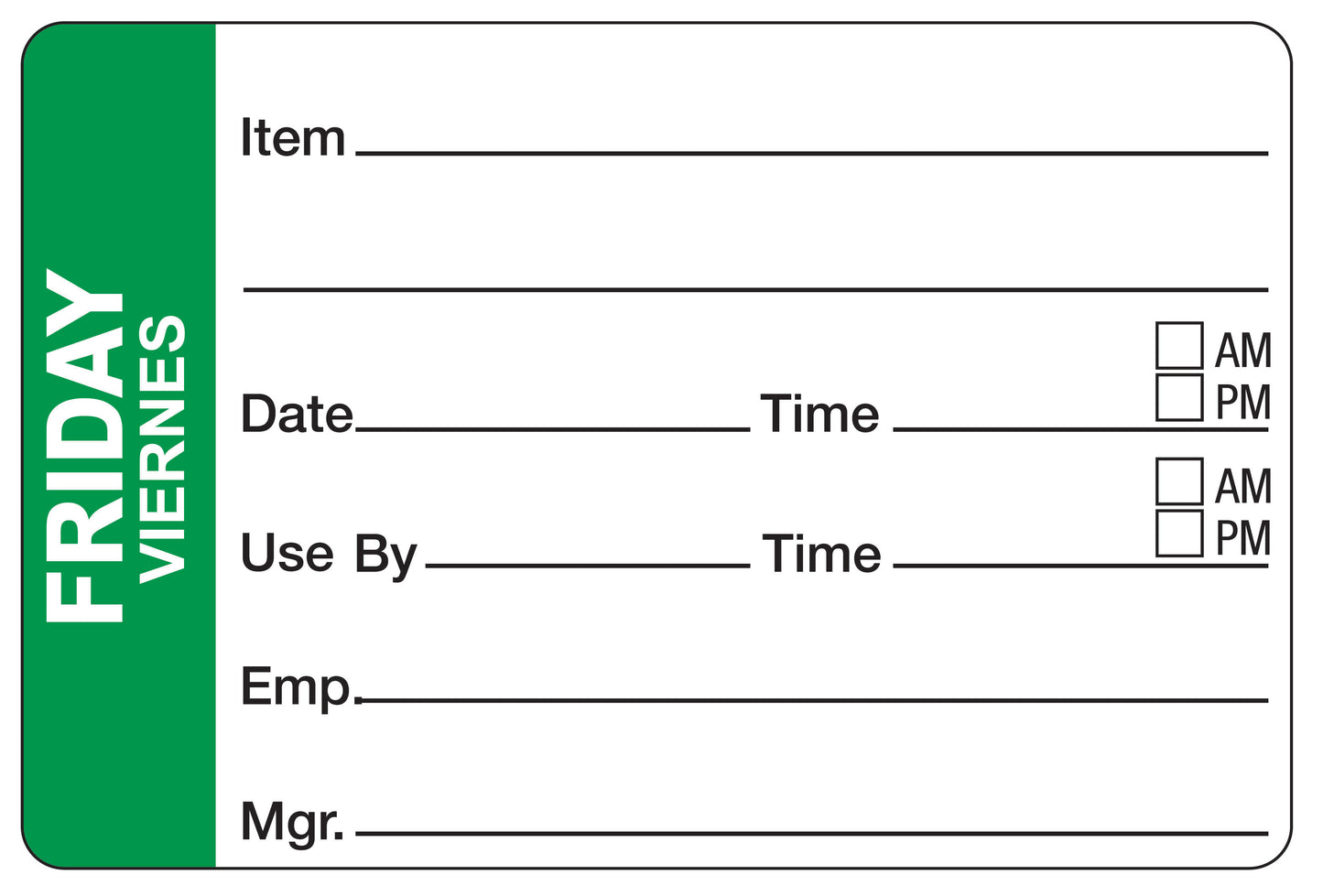 Friday - Viernes 2" x 3" Dissolvable Day of the Week Shelf Life Date Label