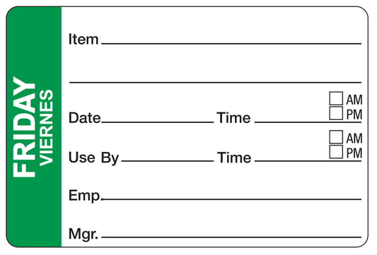 Friday - Viernes 2" x 3" Dissolvable Day of the Week Shelf Life Date Label