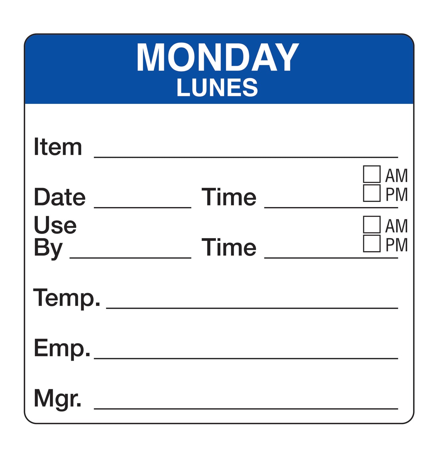 Monday - Lunes 2" x 2" Removable Day of the Week Prep Date Label