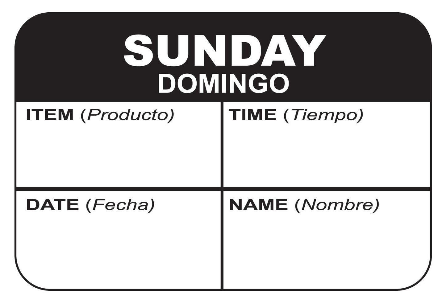 Sunday - Domingo 1" x 1.5" Dissolvable "Quad" Day of the Week Date Label