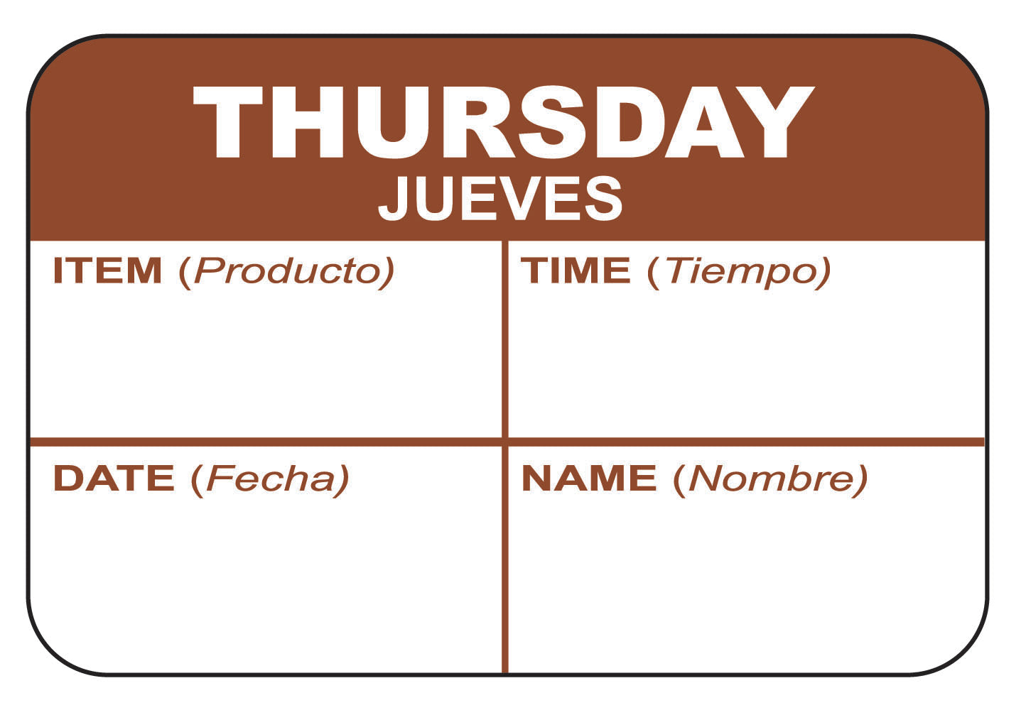 Thursday - Jueves 1" x 1.5" Dissolvable "Quad" Day of the Week Date Label