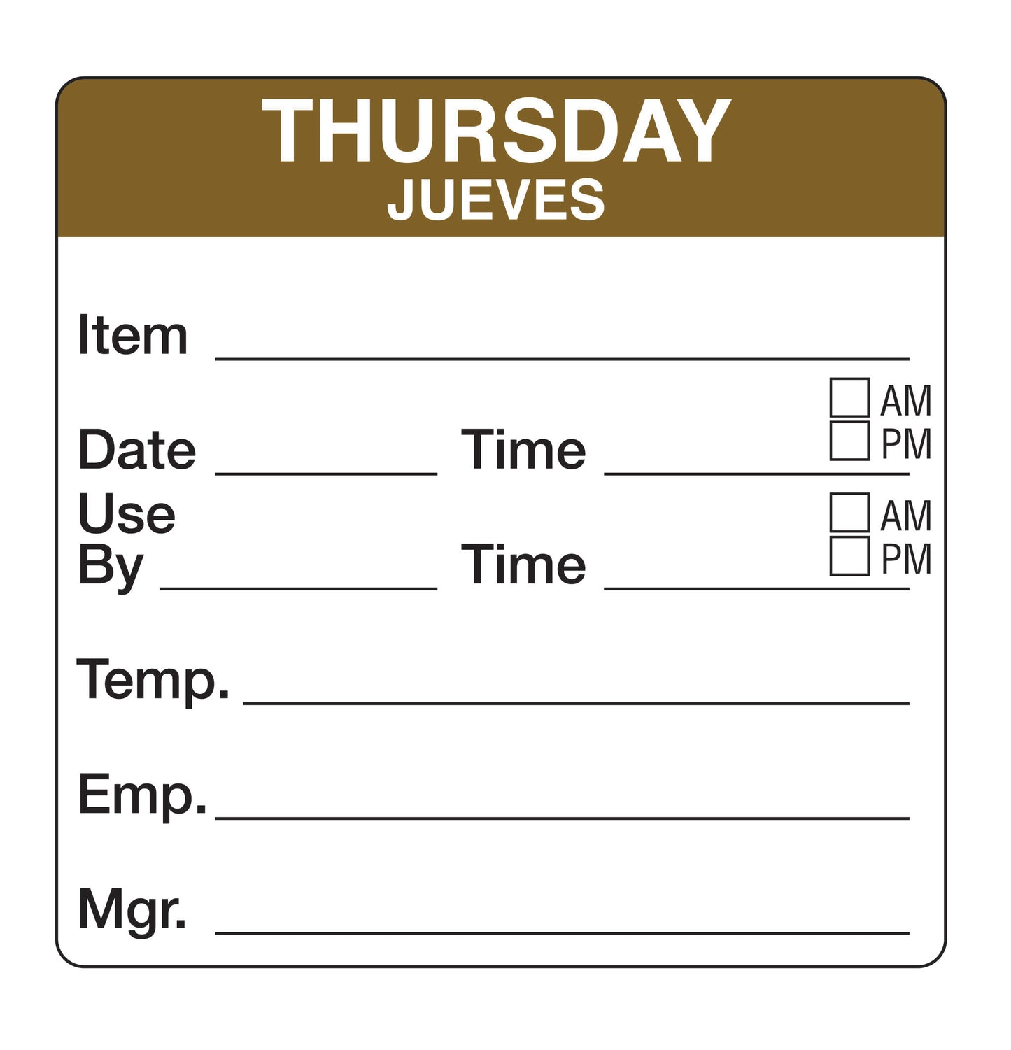 Thursday - Jueves 2" x 2" Removable Day of the Week Prep Date Label