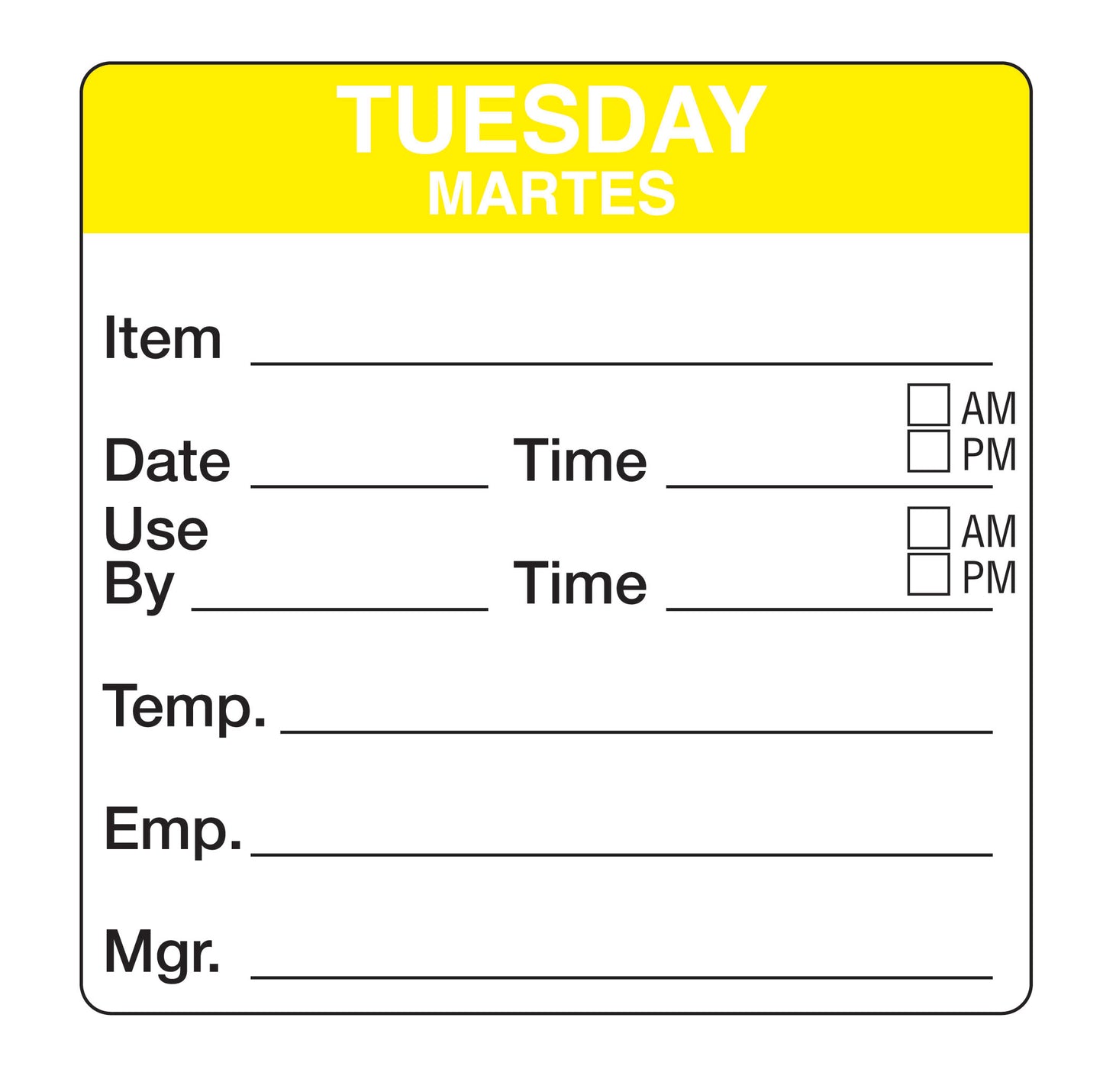 Tuesday - Martes 2" x 2" Removable Day of the Week Prep Date Label