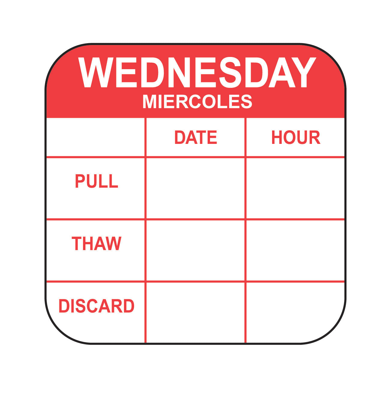 1" x 1" Wednesday-Miercoles Removable Pull-Thaw Date Label®