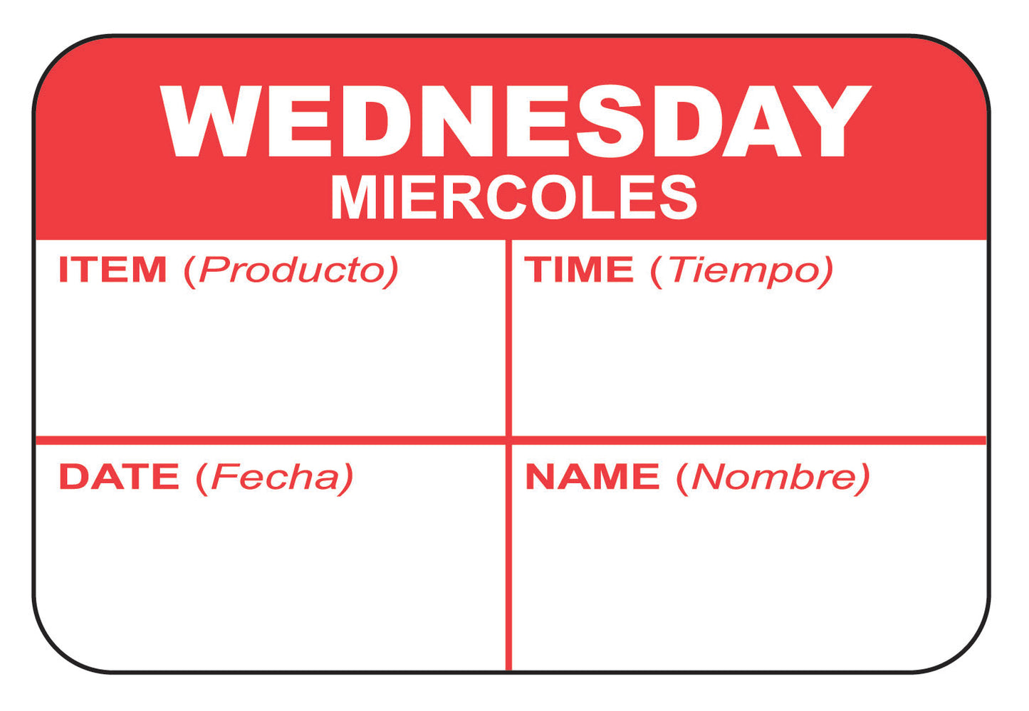 Wednesday - Miercoles 1" x 1.5" Dissolvable "Quad" Day of the Week Date Label