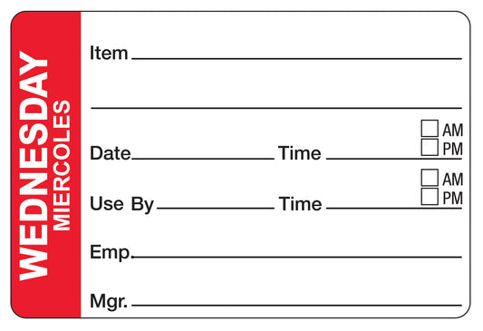 Wednesday - Miercoles 2" x 3" Dissolvable Day of the Week Shelf Life Date Label