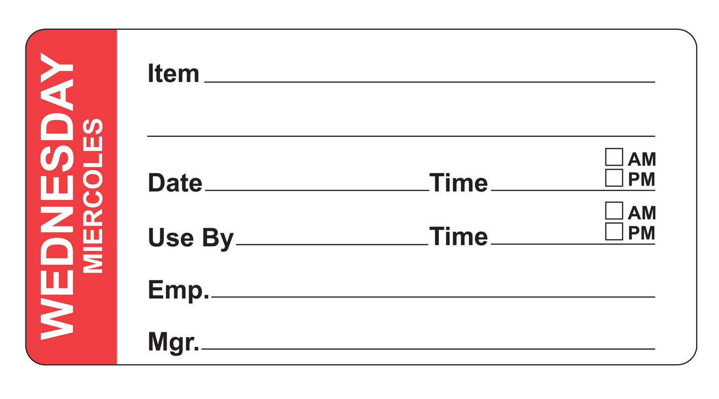 Wednesday - Miercoles 4" x 2" Removable Day of the Week Prep Date Labels®