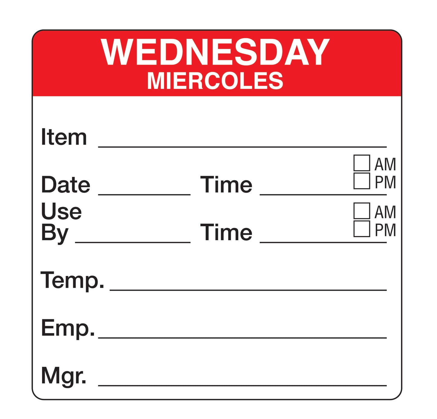 Wednesday - Miercoles 2" x 2" Removable Day of the Week Prep Date Label